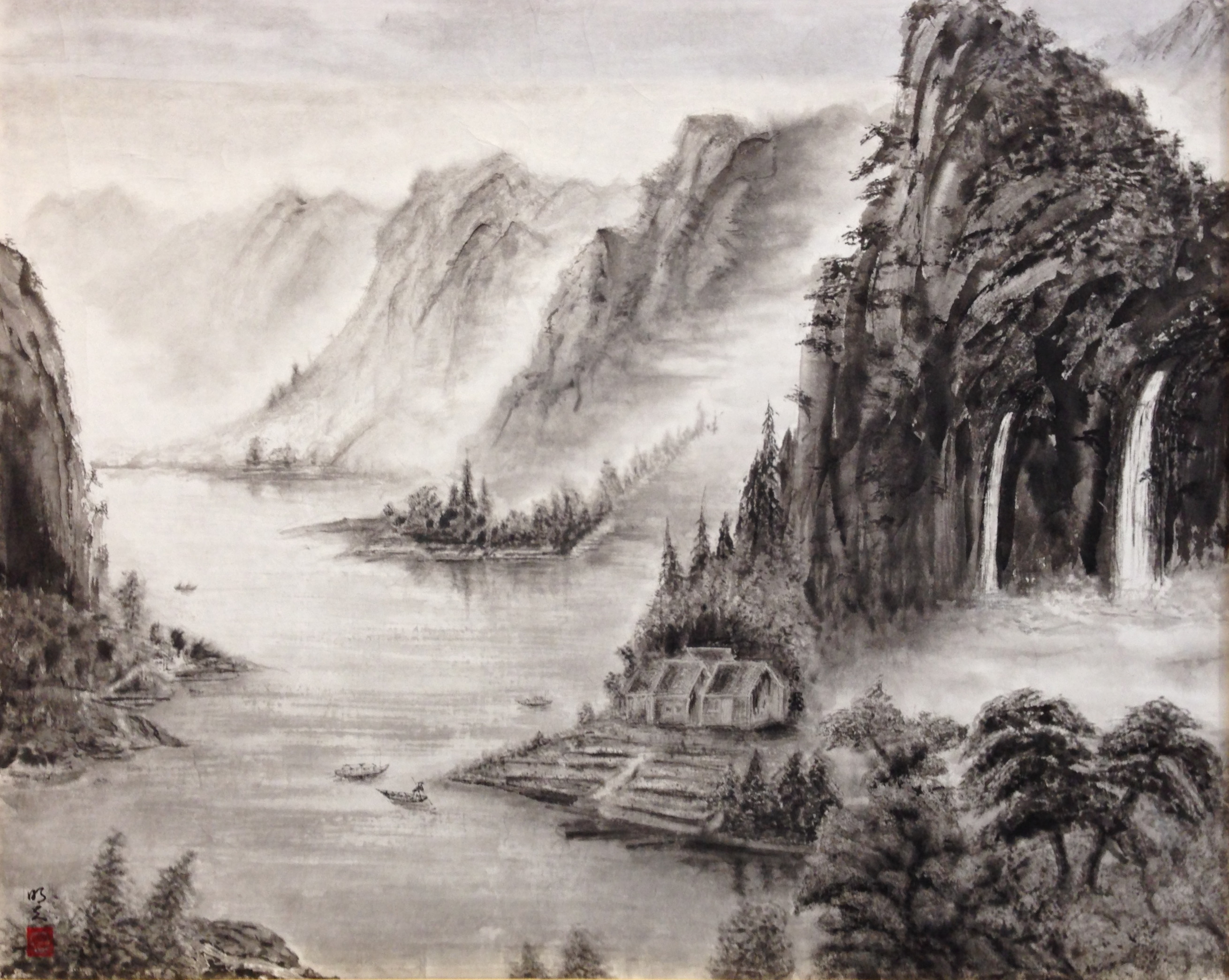 通販情報晴龍 山水画 山村図 町 水墨画 風景画 山水 風景 書画 絵画 掛け軸 掛軸 古美術 古賞物 飾り物 骨董 茶道具 茶掛CRSGZVB010 掛軸